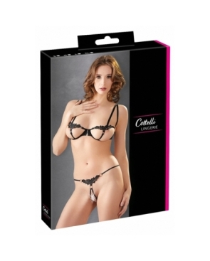 Ensemble dentelle string ouvert et seins nus noir - Cottelli Lingerie