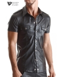 Chemise manches courtes wetlook noire Luca - Regnes