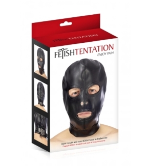 Cagoule BDSM 3 ouvertures en simili cuir - Fetish Tentation